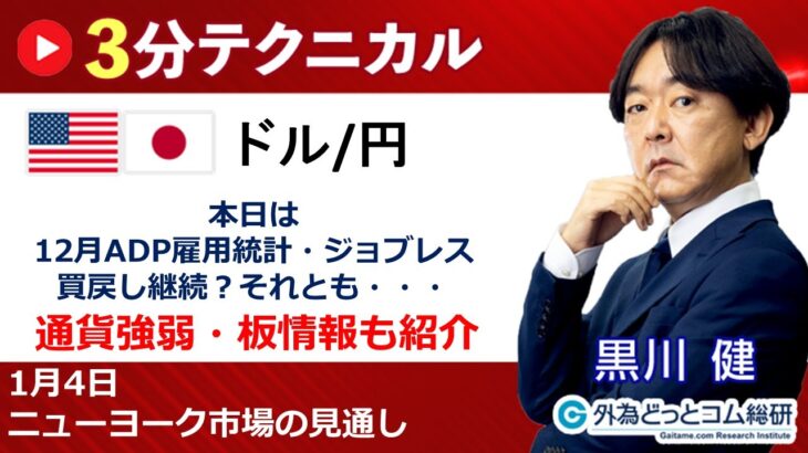 ドル/円見通し 「本日は12月ADP雇用統計・ジョブレス、 買戻し継続？それとも・・・」見通しズバリ！3分テクニカル分析 ニューヨーク市場の見通し　2024年1月4日