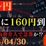 【ドル円】ついに160円に‼その後は為替介入で急落か⁉本日も乱高下に注意‼🐥2024/04/30🐥