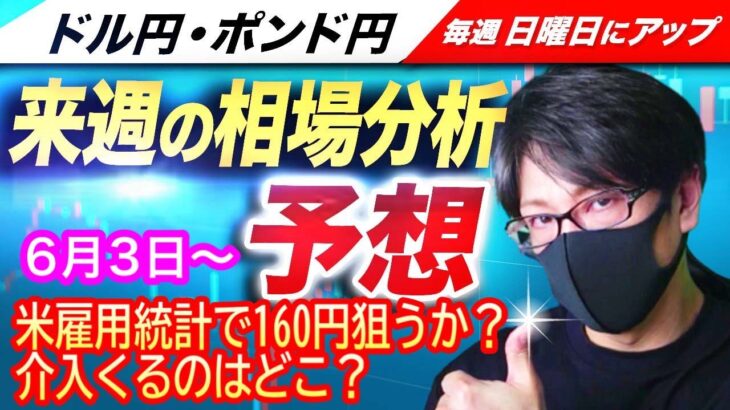 【FX来週の相場分析と予想】米雇用統計でドル円160円くるか？為替介入のラインはどこ？円安はどこまで継続か！ドル円とポンド円の来週の反発ポイントを見極めろ！（6月3日～6月7日）