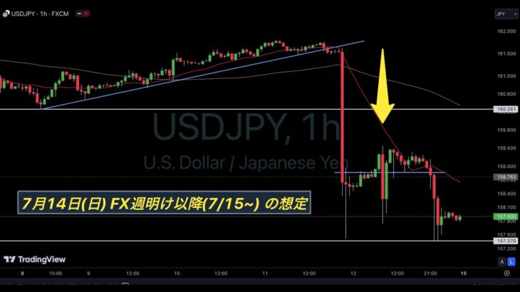 【ドル円 USDJPY】久しぶりの大幅下落 !! ユーロドルは上昇継続. FX週明け以降(7/15~)の想定【7月14日(日)】ポンドドル, オージードル, ドルカナダ, ビットコイン BTC 反発