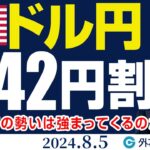 ドル円、一時142円割れ！下落の勢い強まるか（今日のFX予想）2024/8/5