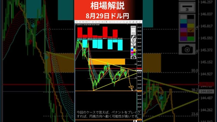 【FX為替相場解説】8/29 ドル円 ペナント形成中、ペナント抜けがチャンス！#shorts #投資 #初心者 #fx #ドル円 #usdjpy #相場 #解説 #練習君 #検証 #ソフト