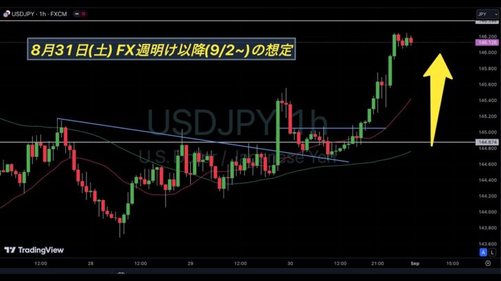 【ドル円 USDJPY】ロングから反発上昇継続. ユーロドル, ポンドドルも下落で FX週明け以降(9/2~)の想定【8月31日(土)】ゴールド, ビットコイン BTC, 米雇用統計