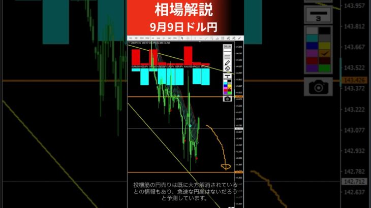 【FX為替相場解説】9/9 ドル円 逆ペナントの中を推移中 #shorts  #投資 #fx #ドル円 #usdjpy #相場 #解説 #練習君 #検証 #ソフト