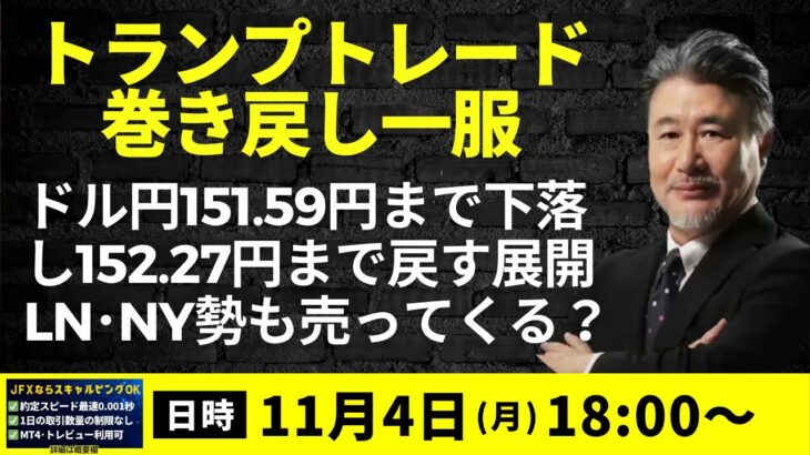 【為替】11/4  トランプトレード巻き戻し一服か。ドル円151.59まで下落も152円台乗せ。指値は置かずに152.45で売りイメージ。米大統領選挙・中東リスクが円高材料