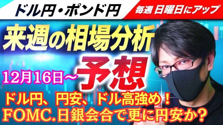 【FX来週の相場分析と予想】米国FOMC、日銀会合、円安進行か！？日銀短観強めでも日銀利上げせずで海外勢が円売り、ドル円・ポンド円、来週の反発ポイントを見極めろ！（12月16日～12月20日）