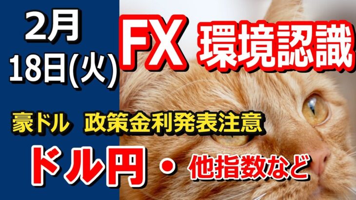 【TAKA FX】オーストラリア政策金利発表注意　ドル円他各通貨の環境認識解説。各種指数、GOLDなど　2月18日(火)