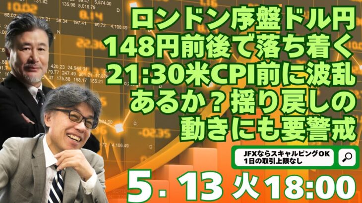 【為替】5/13 ロンドン序盤ドル円148円前後で落ち着く21:30米CPI前に波乱あるか？揺り戻しの動きにも要警戒。ドル円147.25円で買い方針。